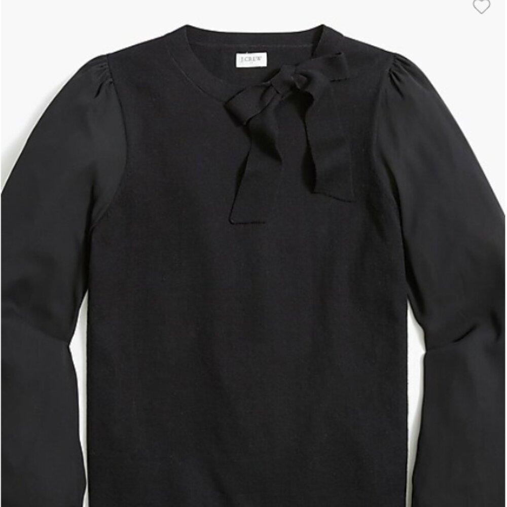 J Crew Knit Top With Shear Poof Sleeves and Bow Black Size M